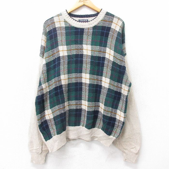 XL★古着 TRADER BAY 長袖 セーター メンズ 90年代 90s 大きいサイズ クルーネック ベージュ他 カーキ チェック 25sep30 中古 ニット トップス