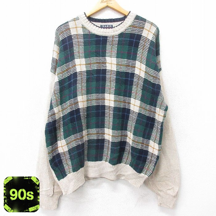 TRADER BAY 90s 長袖セーター チェック カーキ XL | 古着