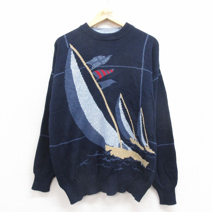 【20%OFF】L★古着 ノーティカ NAUTICA 長袖 ブランド セーター メンズ ヨット クルーネック 紺 ネイビー 25sep30 中古 ニット トップス