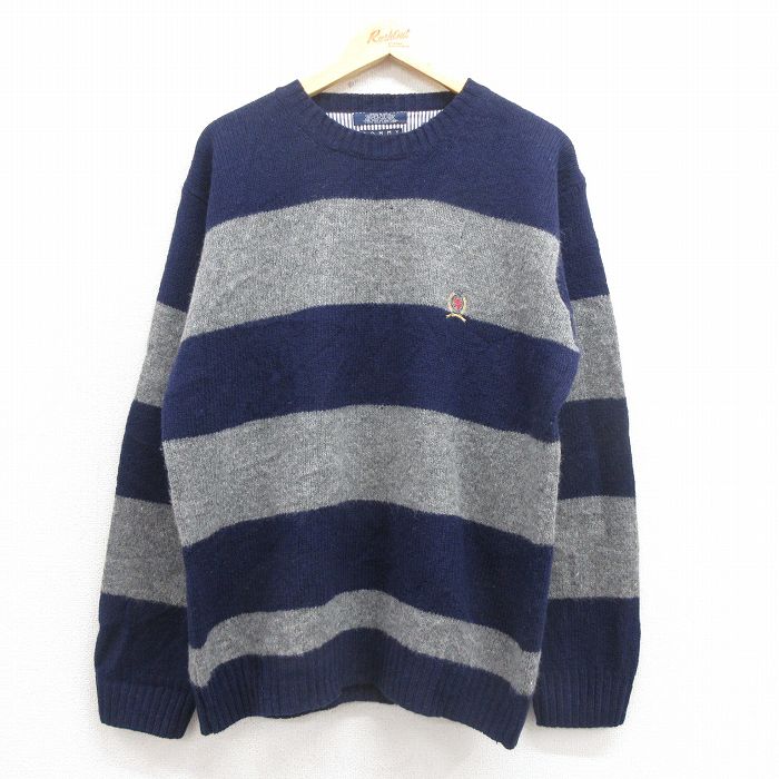L★古着 トミーヒルフィガー TOMMY HILFIGER 長袖 ブランド セーター メンズ 90年代 90s ワンポイントロゴ シェットランドウール クルーネック 紺 ネイビー ボーダー 25sep30 中古 ニット トップス