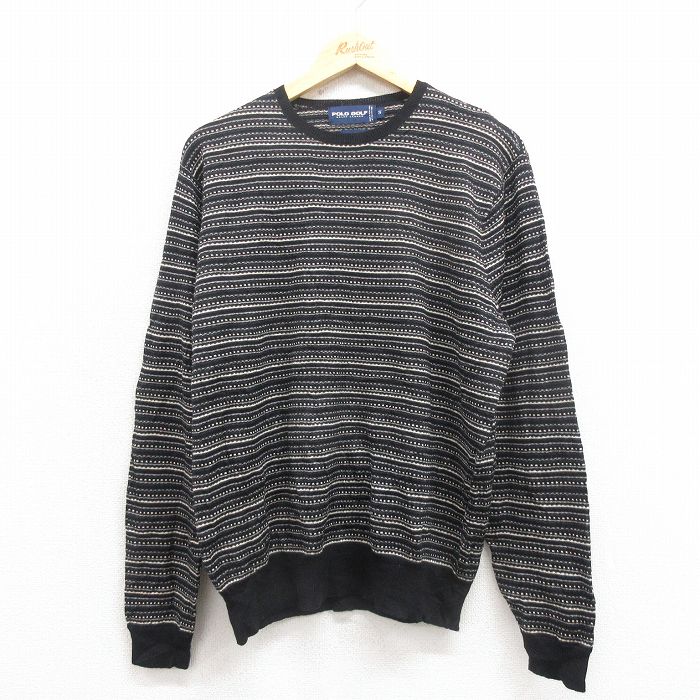 【20%OFF】L★古着 ラルフローレン Ralph Lauren ポロゴルフ 長袖 ブランド セーター メンズ 90年代 90s メリノウール クルーネック 黒 ブラック ボーダー 【spe】 25sep30 中古 ニット トップス