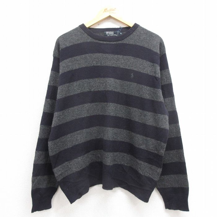 XL★古着 ラルフローレン Ralph Lauren 長袖 ブランド セーター メンズ 90年代 90s ワンポイントロゴ ラムウール クルーネック 紺 ネイビー ボーダー 25sep30 中古 ニット トップス