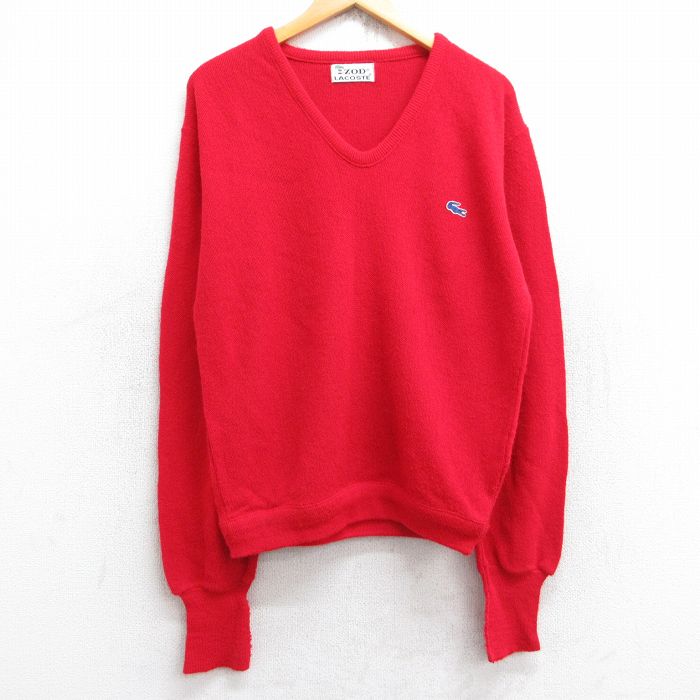 L★古着 ラコステ LACOSTE 長袖 ブランド セーター メンズ 80年代 80s ワンポイントロゴ Vネック 赤 レッド 25sep30 中古 ニット トップス