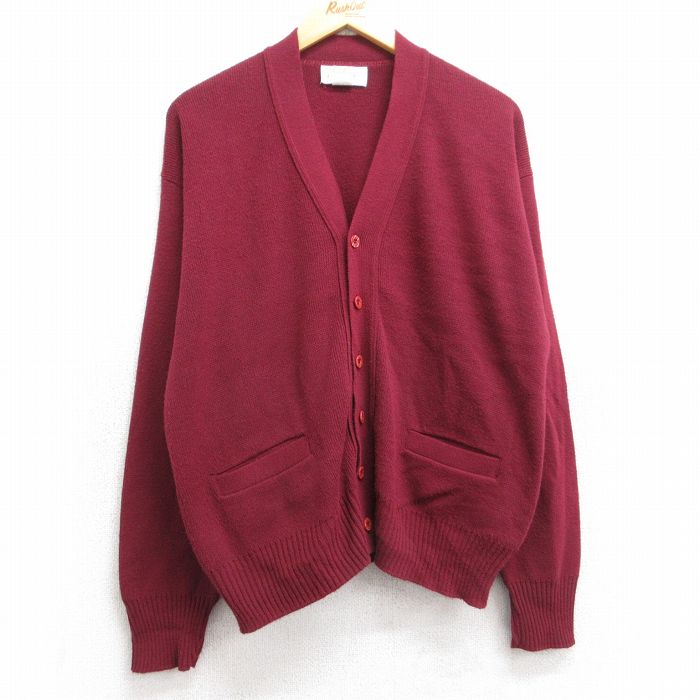 XL★古着 長袖 ニット カーディガン メンズ 80年代 80s 無地 アクリル USA製 エンジ 25sep30 中古 トップス
