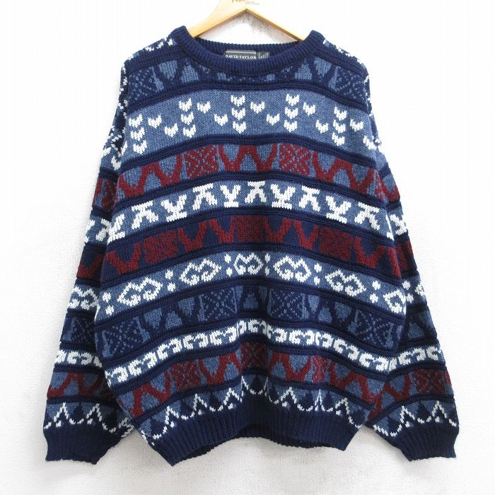 XL★古着 長袖 セーター メンズ 90年代 90s 総柄 大きいサイズ アクリル クルーネック USA製 紺他 ネイビー 【spe】 25sep30 中古 ニット トップス
