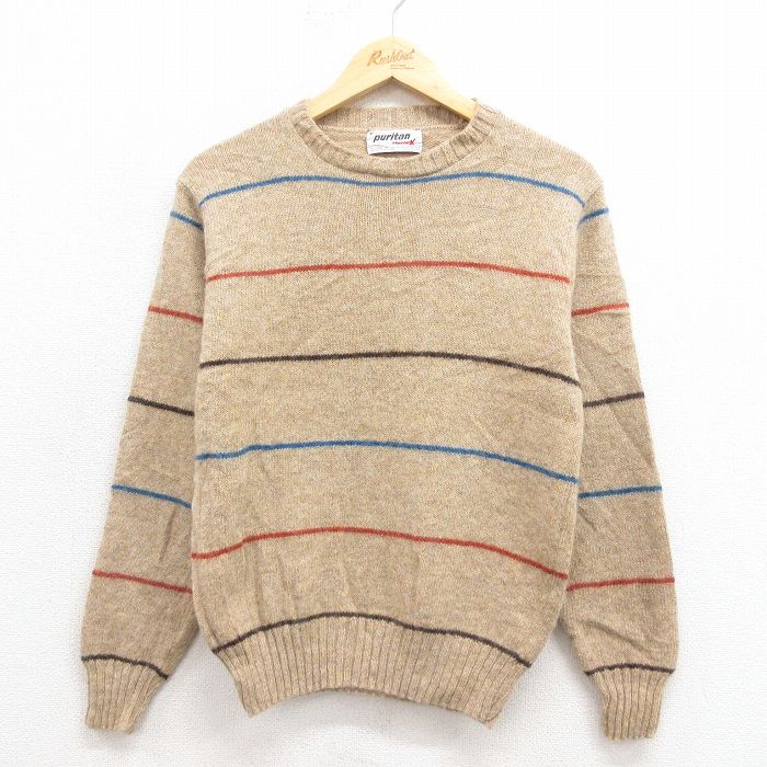 S★古着 ピューリタン 長袖 セーター メンズ 80年代 80s クルーネック USA製 ベージュ カーキ 25sep30 中古 ニット トップス