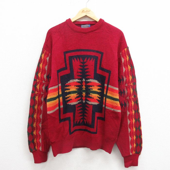 L★古着 ペンドルトン PENDLETON 長袖 セーター メンズ 80年代 80s ネイティブ柄 ラグ柄 ウール クルーネック USA製 エンジ 【spe】 25sep30 中古 ニット トップス