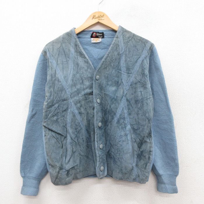 【20%OFF】M★古着 長袖 ニット カーディガン メンズ 70年代 70s スエード使用 ウール イタリア製 薄紺 ネイビー 25sep30 中古 トップス