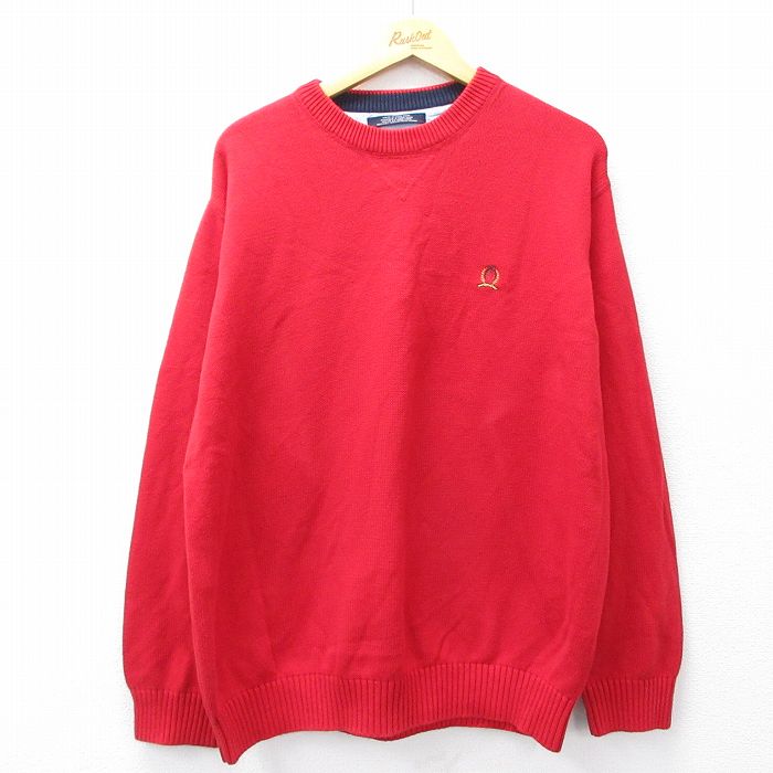 XL★古着 トミーヒルフィガー TOMMY HILFIGER 長袖 ブランド セーター メンズ ワンポイントロゴ コットン クルーネック 赤 レッド 25oct01 中古 ニット トップス