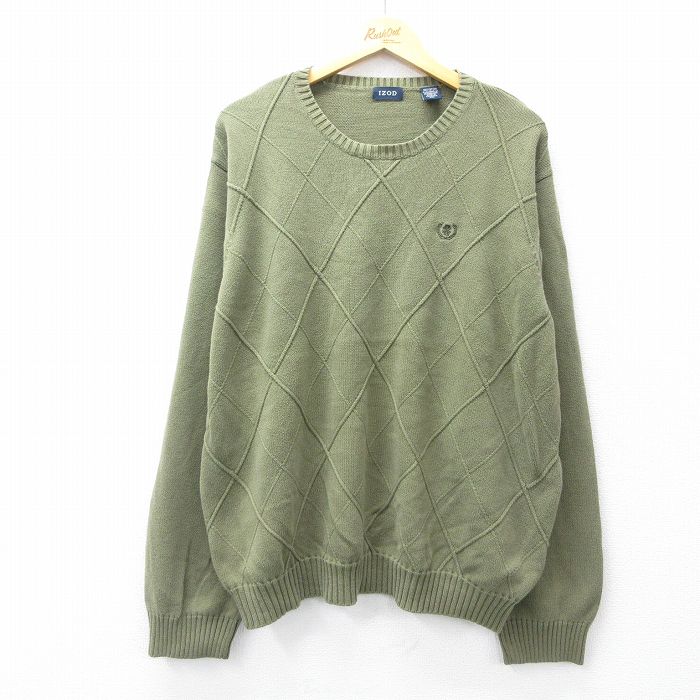 XL★古着 IZOD 長袖 セーター メンズ ワンポイントロゴ 大きいサイズ コットン クルーネック 濃緑 グリーン 25oct01 中古 ニット トップス
