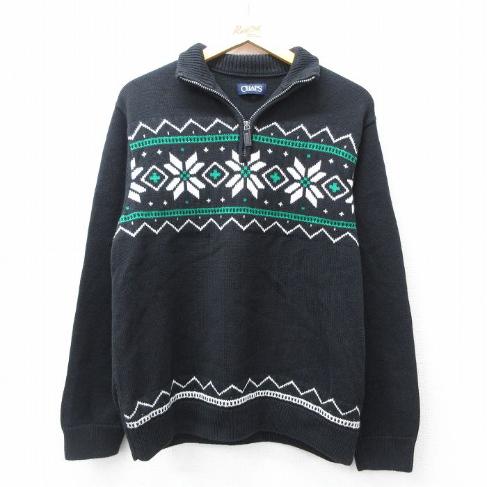 L★古着 チャップス 長袖 ハーフジップ ノルディック セーター メンズ 雪f柄 コットン 黒他 ブラック 25oct01 中古 ニット トップス
