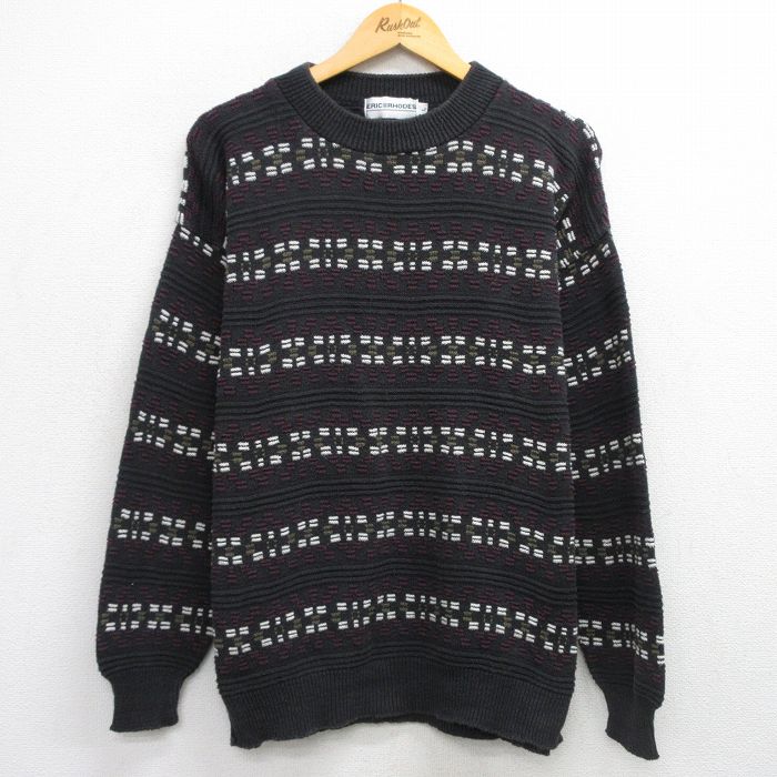 L★古着 長袖 セーター メンズ 90年代 90s 総柄 クルーネック 黒他 ブラック 【spe】 25oct01 中古 ニット トップス