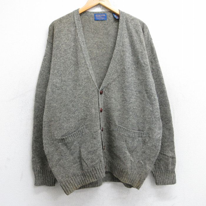 L★古着 ペンドルトン PENDLETON 長袖 ニット カーディガン メンズ 無地 シェットランドウール ベージュ系 カーキ 25oct01 中古 トップス