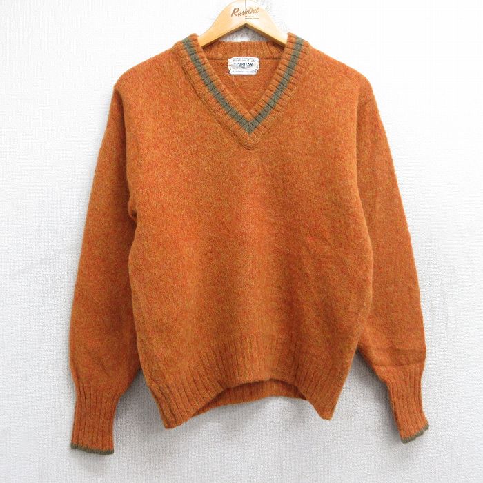 S★古着 ピューリタン 長袖 セーター メンズ 70年代 70s 無地 ウール Vネック オレンジ 25oct01 中古 ニット トップス
