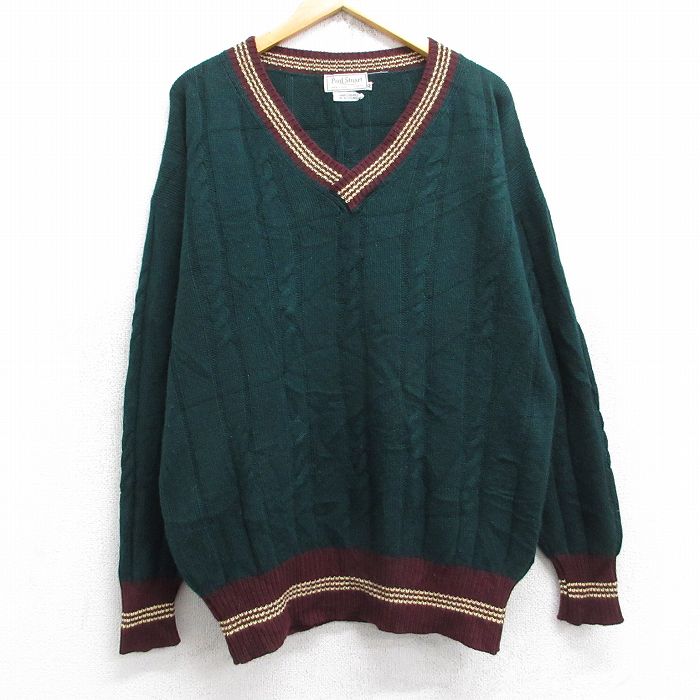 XL★古着 長袖 チルデン ケーブル セーター メンズ 80年代 80s 手織り カシミヤ カシミア Vネック スコットランド製 緑 グリーン 25oct01 中古 ニット トップス