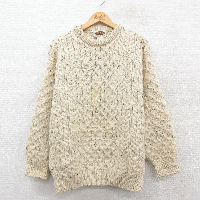 M★古着 長袖 アラン フィッシャーマン ケーブル セーター メンズ 90年代 90s 手編み ハンドニット ウール クルーネック アイルランド製 生成り 25oct01 中古 ニット トップス