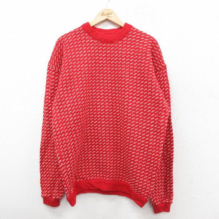 XL★古着 長袖 セーター メンズ バーズアイ ウール クルーネック 赤 レッド 25oct01 中古 ニット トップス
