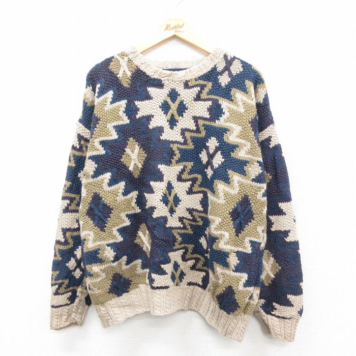 XL★古着 長袖 セーター メンズ 90年代 90s ネイティブ柄 ラグ柄 手編み ハンドニット クルーネック ベージュ他 カーキ 【spe】 25oct01 中古 ニット トップス