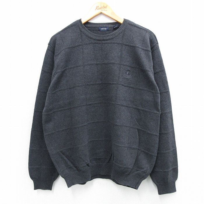 L★古着 IZOD 長袖 セーター メンズ コットン クルーネック 濃グレー 25oct01 中古 ニット トップス