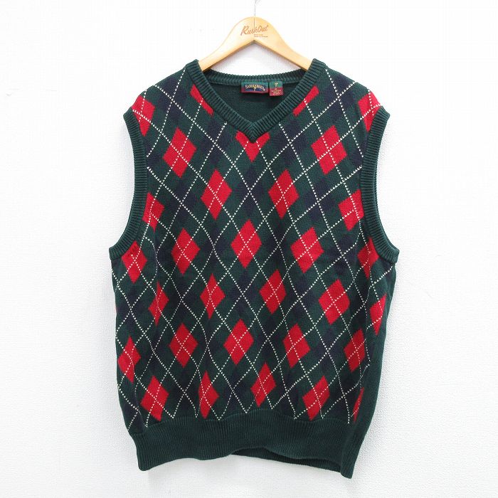 XL★古着 ニット ベスト メンズ アーガイル 大きいサイズ コットン Vネック 緑他 グリーン 25oct01 中古 トップス
