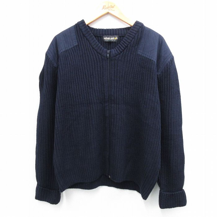 L★古着 長袖 フルジップ ニット カーディガン メンズ MTA ヒジ当て アクリル 紺 ネイビー 25oct01 中古 トップス