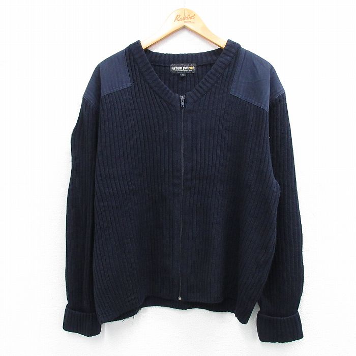 XL★古着 長袖 フルジップ ニット カーディガン メンズ MTA ヒジ当て アクリル 紺 ネイビー 25oct01 中古 トップス