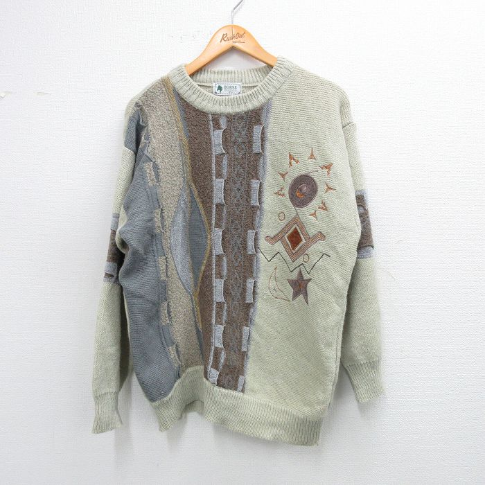 L★古着 長袖 セーター メンズ 90年代 90s クルーネック 薄緑他 グリーン 【spe】 25oct03 中古 ニット トップス