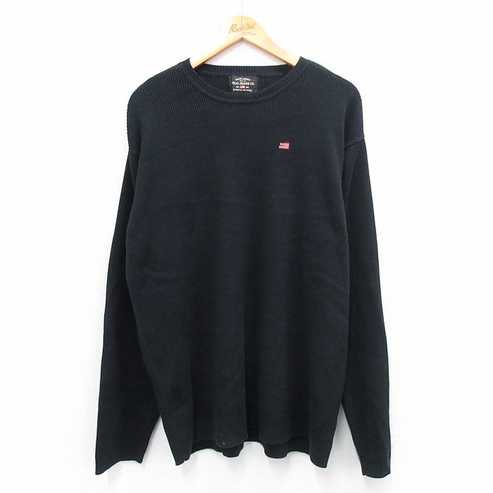 XL★古着 ラルフローレン Ralph Lauren ポロジーンズ 長袖 ブランド セーター メンズ ワンポイントロゴ 星条旗 クルーネック 黒 ブラック 25oct03 中古 ニット トップス