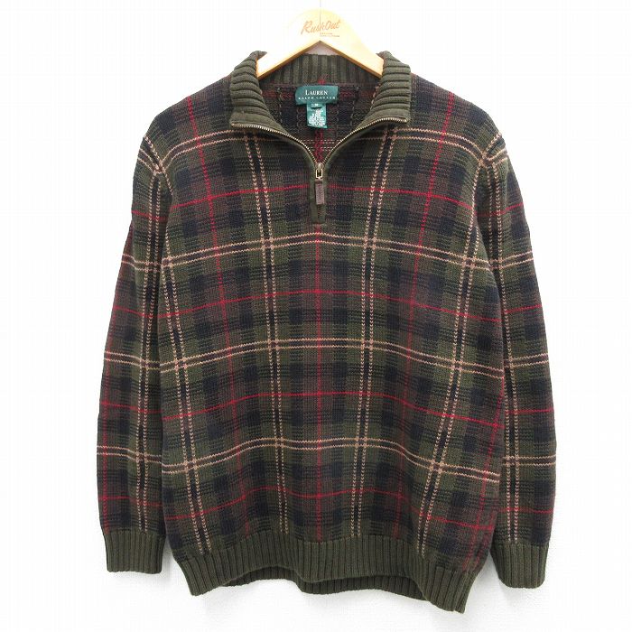 M★古着 ラルフローレン Ralph Lauren 長袖 ブランド ハーフジップ セーター メンズ コットン 緑他 グリーン チェック 25oct03 中古 ニット トップス