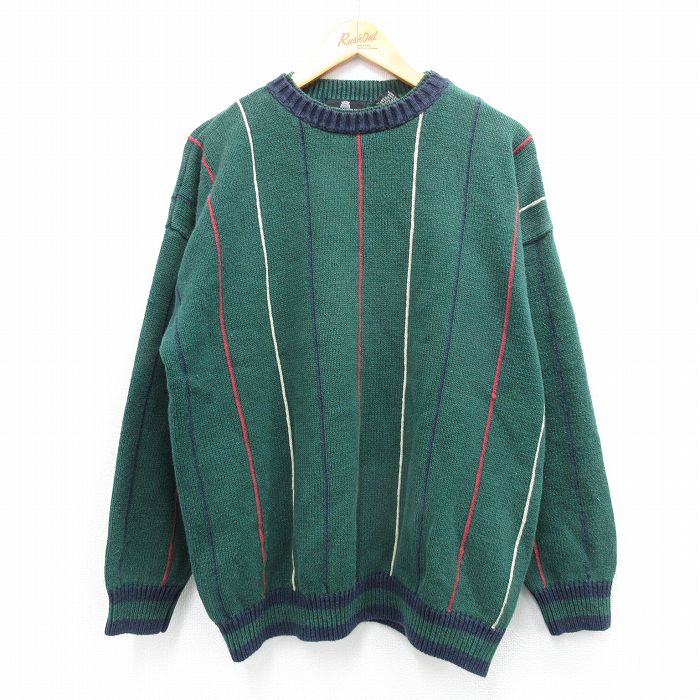 XL★古着 STRUCTURE 長袖 セーター メンズ クルーネック 緑他 グリーン ストライプ 25oct03 中古 ニット トップス
