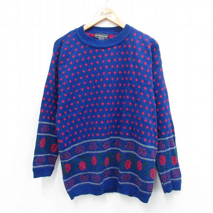 L★古着 長袖 セーター メンズ 90年代 90s 花アクリル クルーネック USA製 青他 ブルー 25oct03 中古 ニット トップス
