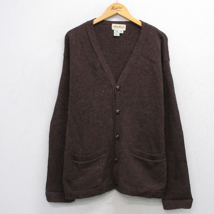 XL★古着 エディーバウアー 長袖 ニット カーディガン メンズ 90年代 90s ヒジ当て スエード使用 ウール USA製 濃茶 ブラウン 25oct03 中古 トップス