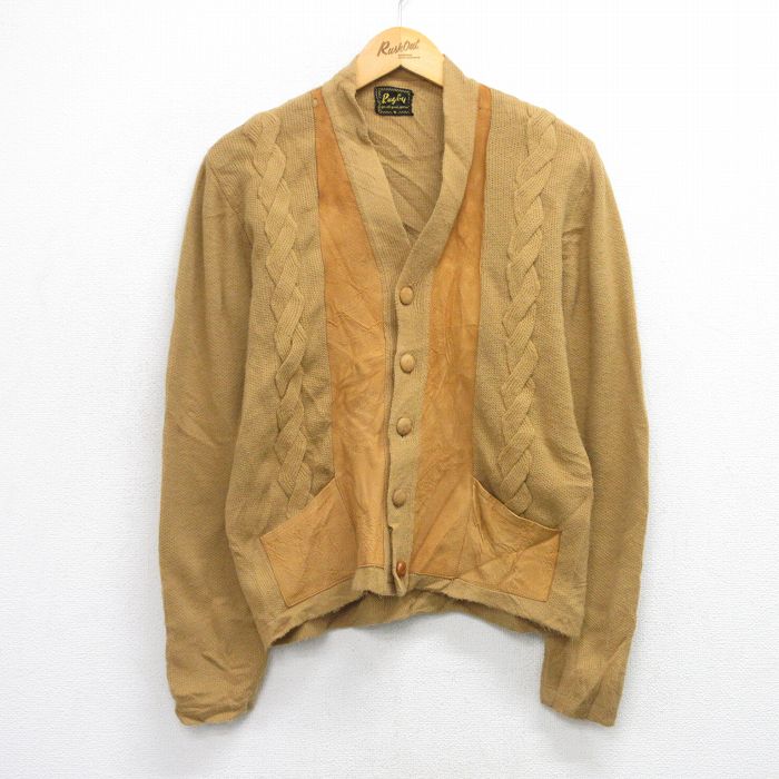 【20%OFF】S★古着 長袖 ビンテージ ニット カーディガン メンズ 70年代 70s レザー使用 茶系 ブラウン 25oct03 中古 トップス