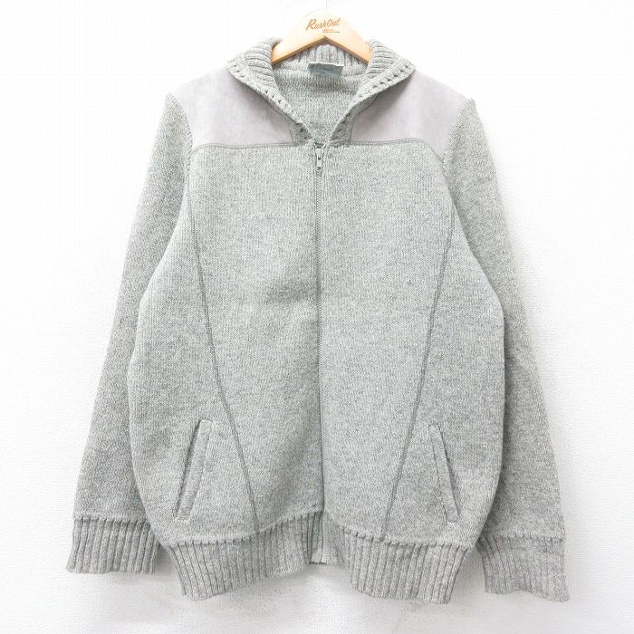 L★古着 長袖 フルジップ ニット カーディガン メンズ 90年代 90s スエード使用 ウール ショールカラー ニュージーランド製 グレー 25oct04 中古 トップス