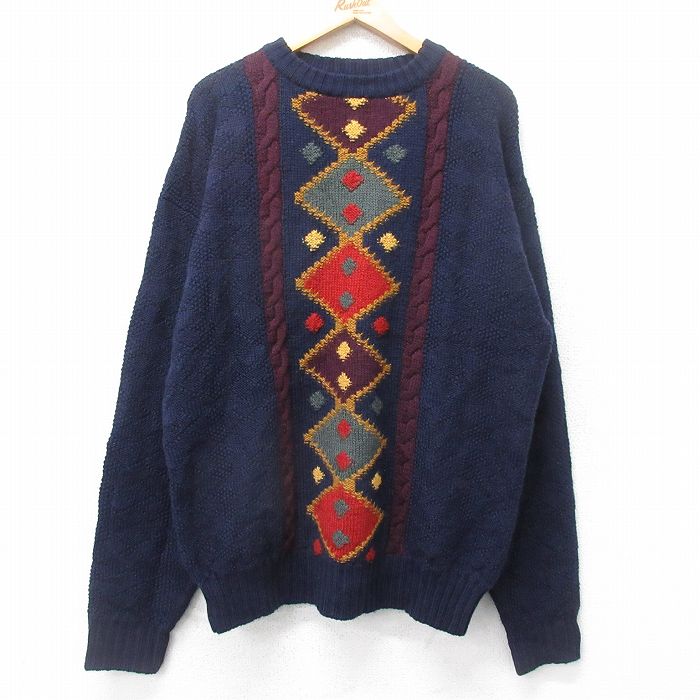 XL★古着 JOS A BANK 長袖 セーター メンズ 90年代 90s ウール クルーネック 紺他 ネイビー 25oct04 中古 ニット トップス