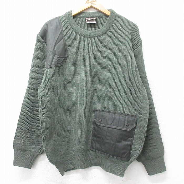 L★古着 長袖 セーター メンズ 90年代 90s ヒジ当て ウール クルーネック スコットランド製 緑 グリーン 25oct04 中古 ニット トップス