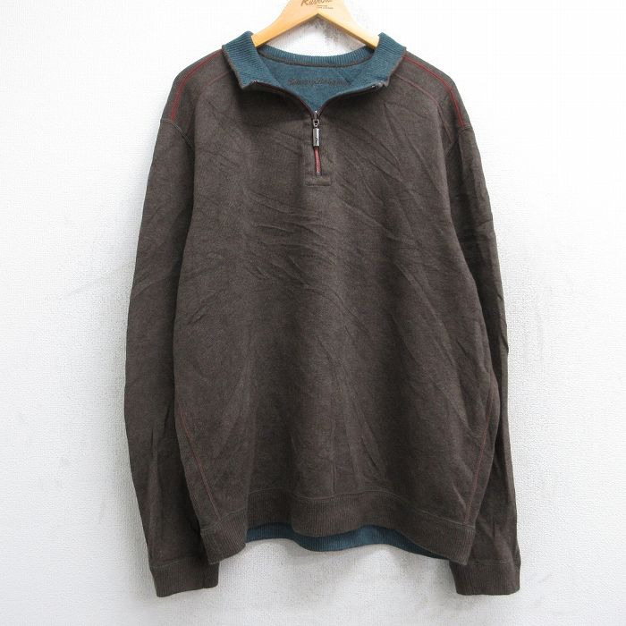XL★古着 トミーバハマ 長袖 ハーフジップ セーター メンズ 魚 大きいサイズ 茶 ブラウン 25oct04 中古 ニット トップス