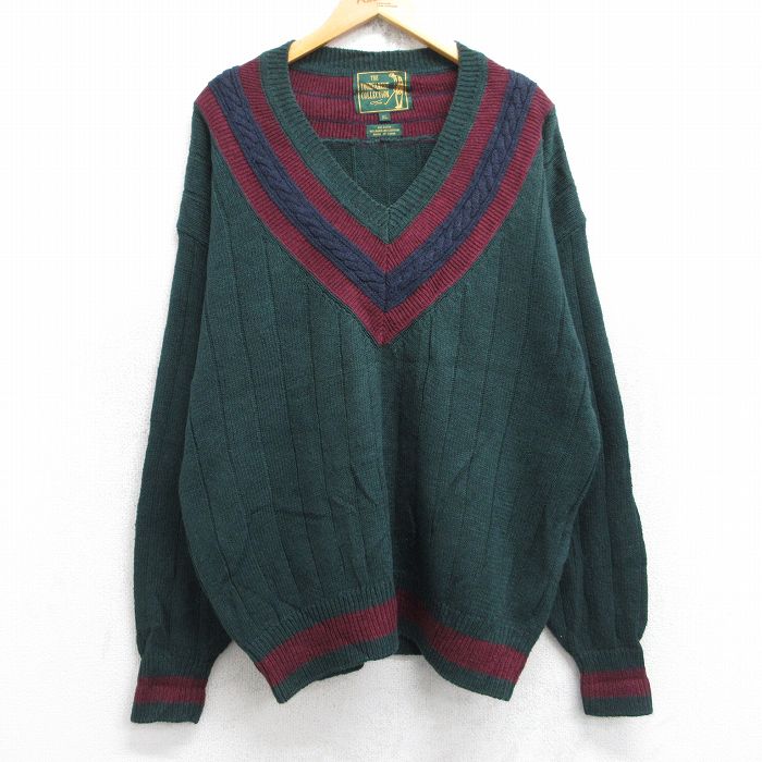 XL★古着 長袖 チルデン セーター メンズ 00年代 00s 大きいサイズ Vネック 緑 グリーン 25oct04 中古 ニット トップス