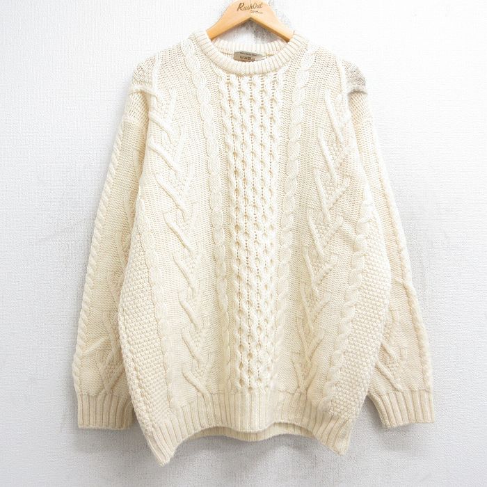 XL★古着 長袖 アラン フィッシャーマン ケーブル セーター メンズ メリノウール クルーネック 生成り 25oct04 中古 ニット トップス