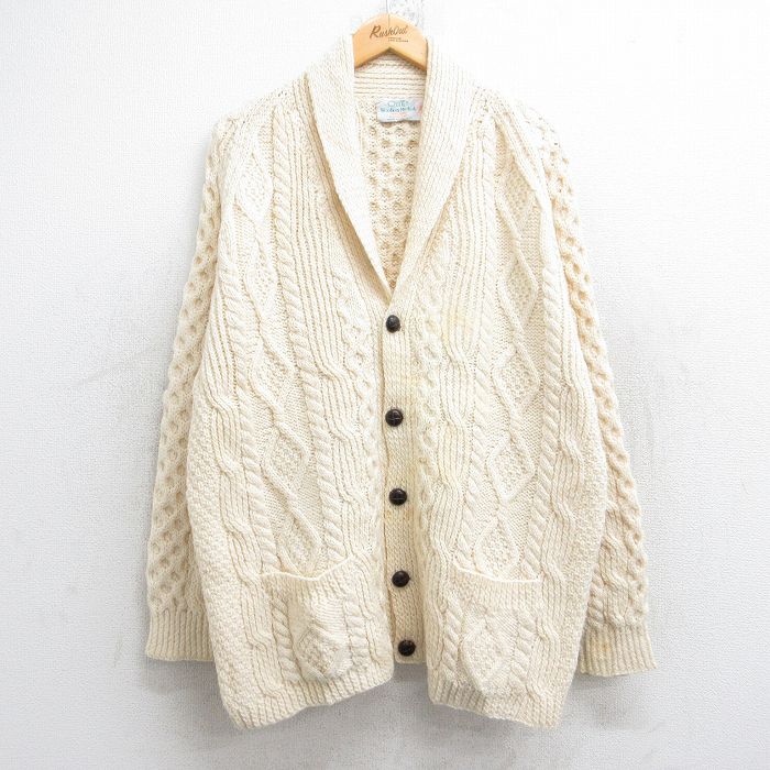 XL★古着 長袖 アラン フィッシャーマン ケーブル ニット カーディガン メンズ 90年代 90s 手編み ハンドニット ラグラン ウール ショールカラー アイルランド製 生成り 25oct04 中古 トップス