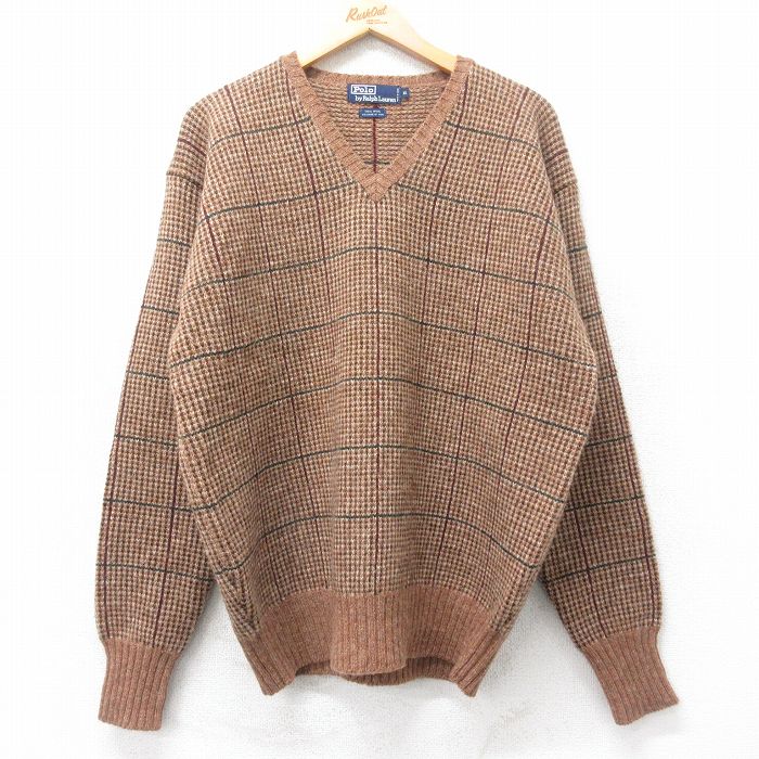 L★古着 ラルフローレン Ralph Lauren 長袖 ブランド セーター メンズ 90年代 90s ヒジ当て レザー使用 ウール Vネック 茶他 ブラウン チェック 【spe】 25oct04 中古 ニット トップス