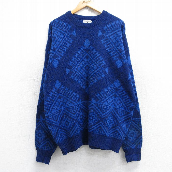 XL★古着 長袖 セーター メンズ 00年代 00s ネイティブ柄 ラグ柄 大きいサイズ クルーネック 紺他 ネイビー 25oct04 中古 ニット トップス