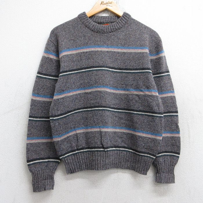 S★古着 長袖 セーター メンズ 80年代 80s ウール クルーネック USA製 グレー系 ボーダー 25oct04 中古 ニット トップス