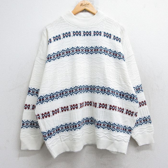 XL★古着 長袖 セーター メンズ 90年代 90s 大きいサイズ モックネック ハイネック USA製 白他 ホワイト 25oct04 中古 ニット トップス