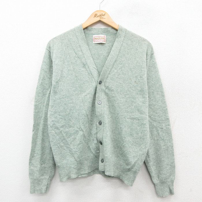 【20%OFF】M★古着 長袖 ニット カーディガン メンズ 80年代 80s 無地 ウール USA製 薄緑系 グリーン 25oct06 中古 トップス