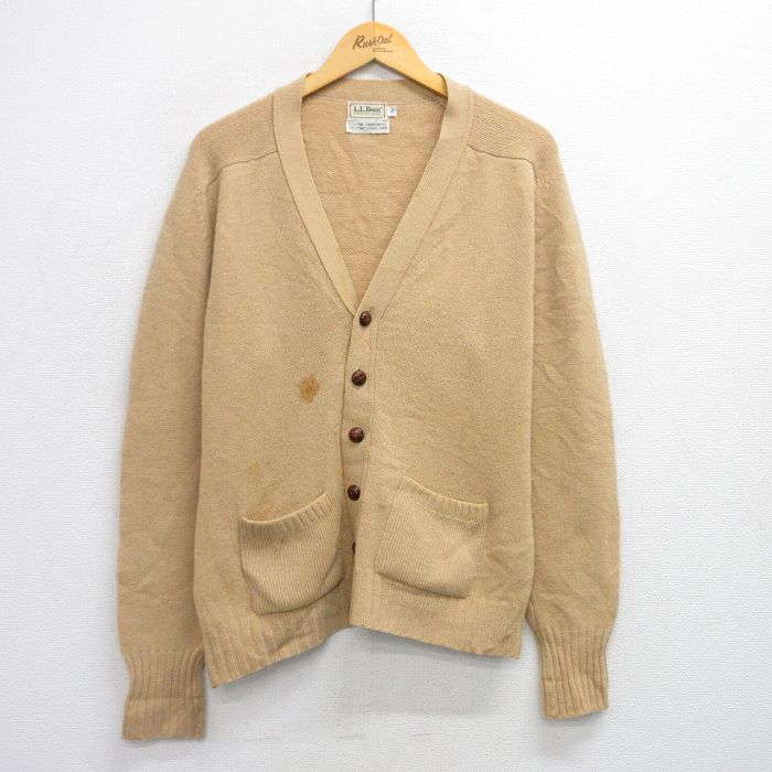 【20%OFF】L★古着 エルエルビーン LLBEAN 長袖 ニット カーディガン メンズ 80年代 80s ラムウール キャメルヘア ヒジ当て スエード使用 USA製 薄茶 ブラウン 25oct07 中古 トップス