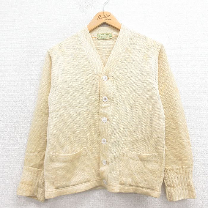 XS★古着 長袖 ビンテージ レタード ニット カーディガン メンズ 60年代 60s ウール USA製 生成り 25oct08 中古 トップス