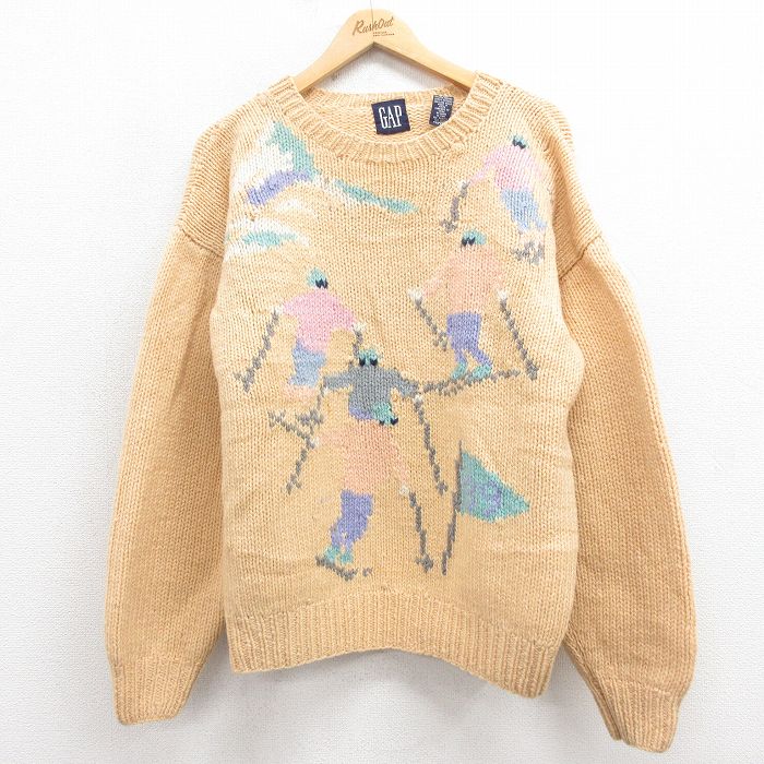 L★古着 ギャップ GAP 長袖 セーター メンズ 90年代 90s スキー 手編み ウール クルーネック 茶 ブラウン 【spe】 25oct08 中古 ニット トップス