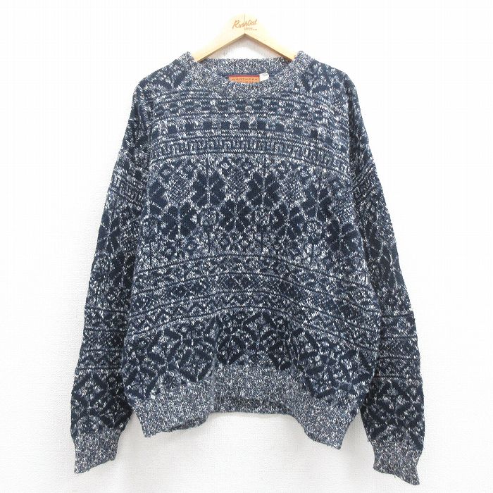 XL★古着 長袖 ノルディック セーター メンズ 90年代 90s 雪柄 クルーネック USA製 紺 ネイビー 25oct08 中古 ニット トップス