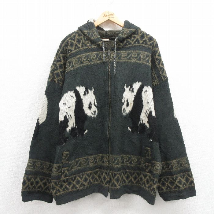XL★古着 長袖 フルジップ ニット カーディガン パーカー メンズ 00年代 00s パンダ ウール エクアドル製 緑 グリーン 25oct08 中古 トップス